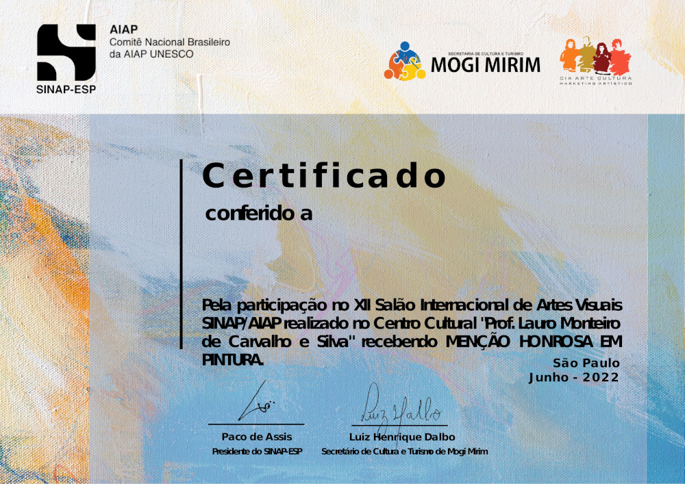 Certificado: Menção Honrosa no XII Salão Internacional de Artes Visuais SINAP/AIAP - Ricardo do Rosário Artes