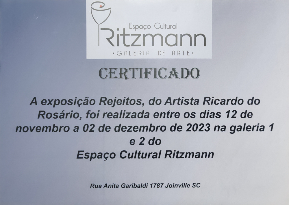 Certificado da Exposição  Individual REJEITO em Joinville